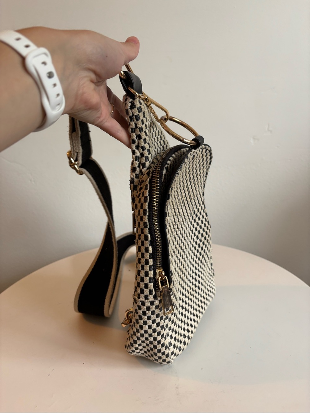 Woven Check Pattern Crossbody Bag - Black & Cream